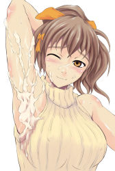 1girl armpits blush breasts brown_hair cum cum_on_armpit cum_on_body cum_on_upper_body covered_erect_nipples closed_eyes facial hair_ribbon highres looking_at_viewer original ponytail rei_oe ribbed_sweater ribbon sleeveless sleeveless_turtleneck smile solo sweater tagme turtleneck upper_body rating:Explicit score:97 user:sakuri