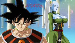 10s 1girl blue_eyes blue_skin breasts choker collarbone colored_skin contrapposto curvy dicasty dragon_ball dragon_ball_super elbow_gloves female_focus gloves green_gloves hip_focus impossible_clothes lipstick long_hair makeup ponytail purple_eyes purple_lips shiny_clothes shiny_skin son_goku standing vados_(dragon_ball) white_hair  rating:Sensitive score:38 user:MCZ