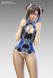  1girl 3d alternate_costume black_hair bracelet breasts china_dress chinese_clothes cleavage cleavage_cutout clothing_cutout double_bun dress final_fantasy final_fantasy_vii final_fantasy_vii_remake gachidom gradient_background hair_bun hands_up highres jewelry looking_at_viewer medium_breasts pale_skin panties pantyhose red_eyes smile solo square_enix tifa_lockhart underwear upper_body wall_market watermark web_address 