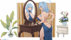  1girl ako_(blue_archive) ako_(dress)_(blue_archive) ass backless_dress backless_outfit bare_shoulders blue_archive blue_dress blue_eyes blue_hair blue_halo blush breasts butt_crack cleavage closed_mouth cuffs dan-98 dress flower hair_between_eyes hair_ornament halo halter_dress halterneck highres holding indoors jewelry large_breasts long_hair looking_at_viewer mirror multiple_bracelets official_alternate_costume paid_reward_available plant plunging_neckline shackles side_slit sideboob sideless_dress sleeveless sleeveless_dress smile solo standing 