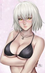 1girl ahoge antenna_hair artist_name bare_shoulders bikini bikini_top_only black_bikini blush breast_hold breasts cleavage closed_mouth dated fate/apocrypha fate/grand_order fate_(series) hair_between_eyes highres jeanne_d&#039;arc_(fate) jeanne_d&#039;arc_alter_(avenger)_(fate) jeanne_d&#039;arc_alter_(fate) jewelry lips looking_at_viewer looking_away medium_breasts necklace realistic sciamano240 short_hair silver_hair solo swimsuit upper_body yellow_eyes rating:Sensitive score:82 user:danbooru