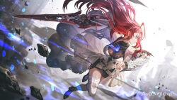  1girl ahoge blue_fire breasts dress elizabeth_rose_bloodflame fire greatsword highres holding holding_weapon hololive hololive_english huge_ahoge long_hair looking_at_viewer official_art open_mouth red_eyes red_hair senano-yu smile solo sword very_long_hair virtual_youtuber weapon white_dress 