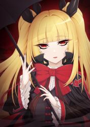  1girl arc_system_works black_bow blazblue blonde_hair blunt_bangs bow dress fang flower frills gothic_lolita hair_ribbon high_collar lolita_fashion long_hair nail_polish open_mouth rachel_alucard red_bow red_eyes red_nails ribbon rose sidelocks slit_pupils twintails umbrella vampire vermillion_dice  rating:General score:5 user:Dreamtastic72