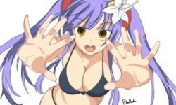  1girl bikini flower lowres pokefloote purple_hair stereoscopic_3d swimsuit yellow_eyes  rating:Questionable score:11 user:ChaosGX