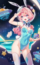  1girl :d animal_ears arm_up bare_shoulders blue_leotard blue_nails blurry blurry_background blush breasts cake cake_slice commentary covered_navel depth_of_field ears_through_headwear english_commentary flying_saucer food groin hair_between_eyes helmet highres holding holding_plate leotard long_hair medium_breasts nail_polish open_mouth original pink_hair plate purple_eyes rabbit_ears rimuu salute see-through smile solo space space_helmet spacecraft standing star_(sky) star_(symbol) strapless strapless_leotard thighhighs ufo very_long_hair white_thighhighs wrist_cuffs 