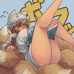 1girl ass bare_legs blonde_hair blush breasts chanta_(ayatakaoisii) curvy dress female_focus fox_tail hat hip_focus huge_ass japanese_text large_breasts legs legs_up long_sleeves mob_cap multiple_tails one_eye_closed short_hair simple_background solo tabard tail thick_thighs thighs touhou wide_hips wince yakumo_ran yellow_eyes rating:Explicit score:18 user:danbooru