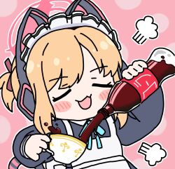  1girl :d animal_ear_headphones animal_ears apron arm_up black_dress blonde_hair blue_archive blush_stickers bottle brown_ribbon chibi closed_eyes coca-cola cola collared_dress cup dress facing_viewer fake_animal_ears hair_ribbon halo headphones highres holding holding_bottle holding_cup long_sleeves maid maid_apron maid_headdress momoi_(blue_archive) momoi_(maid)_(blue_archive) open_mouth pink_background polka_dot polka_dot_background pouring puffy_long_sleeves puffy_sleeves res1dents1eeper ribbon simple_background smile soda_bottle solo tail translated upper_body white_apron 