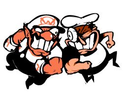  2boys big_nose black_hair black_overalls chef_hat clenched_teeth facial_hair gloves hat multiple_boys muscular muscular_male mustache nintendo one_eye_closed overalls peppino_spaghetti pizza_tower pointy_ears scrubbdubb shirt teeth wario wario_land white_gloves white_hat white_shirt 