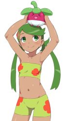 &gt;o&lt; 1girl 1koma armpits arms_up bad_id bad_twitter_id bandeau bare_shoulders bikini blush bounsweet breasts bubukka closed_eyes closed_mouth comic creatures_(company) dark-skinned_female dark_skin floral_print game_freak gen_1_pokemon gen_7_pokemon green_bikini green_eyes green_hair hair_ornament happy holding holding_pokemon inactive_account mallow_(pokemon) midriff navel nintendo on_head open_mouth pokemon pokemon_(anime) pokemon_(creature) pokemon_(game) pokemon_on_head pokemon_sm pokemon_sm_(anime) simple_background small_breasts smile staryu stomach strapless swept_bangs swimsuit thighs trial_captain tube_top twintails white_background rating:Sensitive score:47 user:danbooru
