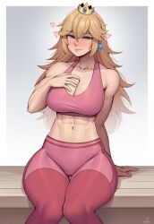  1girl abs absurdres blonde_hair blue_eyes blush breasts cleavage crown earrings female_focus gluteal_fold heart highres jewelry large_breasts long_hair looking_at_viewer mario_(series) muscular muscular_female navel nintendo princess_peach sitting solo speedl00ver thigh_gap  rating:Sensitive score:59 user:catonfire26