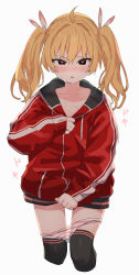 1girl absurdres ahoge black_thighhighs blonde_hair blue_archive blush commentary cropped_legs hair_between_eyes hair_ribbon heart heart-shaped_pupils highres jacket long_hair long_sleeves looking_at_viewer panties panty_pull red_jacket ribbon simple_background solo striped_clothes striped_panties sweat symbol-shaped_pupils thighhighs track_jacket twintails underwear white_background yamada_seimei yoshimi_(blue_archive) rating:Sensitive score:44 user:danbooru