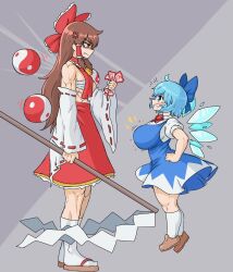 2girls abs ahoge alternate_breast_size anger_vein angry arm_at_side ascot bandages bare_shoulders blue_bow blue_dress blue_eyes blue_hair bow bowtie breast_envy breasts brown_eyes brown_hair budget_sarashi chest_sarashi cirno commentary crushing detached_sleeves detached_wings dress english_commentary floating from_side full_body gohei grin hair_bow hair_tubes hakurei_reimu hand_on_own_hip hand_up height_difference highres holding holding_gohei ice ice_wings impossible_clothes impossible_dress japanese_clothes large_breasts long_hair looking_at_another medium_breasts medium_dress medium_skirt multiple_girls muscular muscular_female ofuda okobo oonusa orb red_bow red_bowtie red_skirt ribbon-trimmed_sleeves ribbon_trim sandals sarashi shaded_face sheepapp shirt shoes short_sleeves skirt skirt_set smile socks standing stomach touhou v-shaped_eyebrows very_long_hair white_shirt wide_sleeves wings yellow_ascot yin_yang yin_yang_orb  rating:Sensitive score:24 user:danbooru