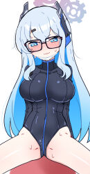  1girl @_@ black_leotard blue_archive blue_eyes blue_hair blush breasts closed_mouth glasses hair_ornament hairclip halo headgear highres itamochi large_breasts leotard long_hair looking_at_viewer mask_pull meru_(blue_archive) simple_background sitting skin_tight solo sweat white_background 