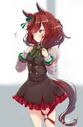  1girl adjusting_bowtie animal_ears artist_name black_dress bow bowtie brown_eyes brown_hair closed_mouth collared_shirt commentary cowboy_shot dated dress ear_covers frilled_dress frills green_bow green_bowtie grey_shirt highres horse_ears horse_girl horse_tail juliet_sleeves light_frown long_sleeves looking_to_the_side medium_hair multicolored_hair nice_nature_(umamusume) pinafore_dress puffy_sleeves retsumaru shirt short_dress signature sleeveless sleeveless_dress solo standing streaked_hair tail thigh_strap translated twintails umamusume 