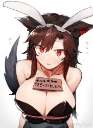 1girl alternate_costume animal_ears bad_id bad_pixiv_id bare_shoulders blush breasts brown_hair cleavage collarbone commentary_request dated extra_ears fake_animal_ears flying_sweatdrops gradient_background hair_between_eyes hairband imaizumi_kagerou large_breasts leotard long_hair looking_at_viewer parted_lips playboy_bunny rabbit_ears red_eyes sidelocks sign slit_pupils solo strapless strapless_leotard suminagashi tail tears touhou translated upper_body white_hairband wolf_ears wolf_tail rating:Sensitive score:23 user:danbooru