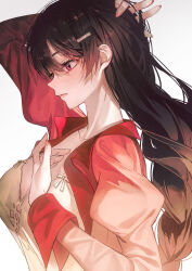  1girl andi_1021 arm_behind_head arm_up black_hair blush breasts camisole cleavage closed_mouth collared_shirt commentary from_side hair_ornament hairclip hanekawa_tsubasa juliet_sleeves large_breasts long_hair long_sleeves looking_down low-braided_long_hair low-tied_long_hair monogatari_(series) naoetsu_high_school_uniform open_clothes open_shirt pink_lips pink_shirt puffy_sleeves purple_eyes school_uniform shirt simple_background solo upper_body white_background white_camisole 