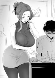 1boy 1girl age_difference bare_shoulders blush breasts child collared_shirt commentary_request desk dress_shirt glasses greyscale hair_up highres holding holding_paper holding_pen large_breasts looking_down mature_female miniskirt mole mole_under_mouth monochrome nakamura_regura notebook onee-shota original pantyhose paper pen pointing ribbed_shirt shirt short_hair sidelocks sitting skirt sleeveless sleeveless_shirt standing sweatdrop tutor watch wavy_mouth rating:Sensitive score:310 user:danbooru