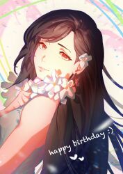  1girl absurdres bare_shoulders black_hair closed_mouth commentary earrings english_commentary final_fantasy final_fantasy_vii final_fantasy_vii_rebirth final_fantasy_vii_remake flower from_side glint hair_behind_ear hair_flower hair_ornament happy_birthday heart highres jewelry long_hair looking_at_viewer looking_to_the_side origussy pink_lips red_eyes single_earring smile solo swept_bangs tifa_lockhart upper_body white_flower 