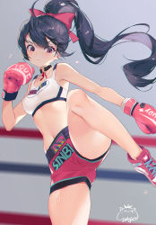  1girl absurdres bare_arms bare_shoulders black_choker black_hair bow boxing_gloves breasts character_request chinese_commentary choker commentary_request copyright_request corrupted_metadata crop_top floating_hair grey_background hair_bow hand_up highres jiujiuyatou_(yayanzz) leg_up long_hair looking_at_viewer medium_breasts midriff navel no_socks pink_footwear ponytail purple_bow purple_eyes shoes short_shorts shorts sneakers solo sports_bra standing standing_on_one_leg stomach thighs  rating:Sensitive score:43 user:danbooru
