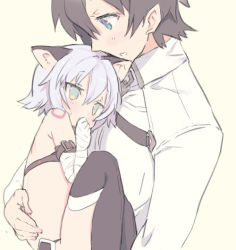 1boy 1girl animal_ears arm_belt bandaged_arm bandages bare_shoulders black_bra black_panties blade_(galaxist) blue_eyes blue_hair blush bra brown_hair carrying cat_ears child collared_jacket covering_own_mouth curled_up fate/grand_order fate_(series) fujimaru_ritsuka_(male) hair_between_eyes hand_over_own_mouth jack_the_ripper_(fate/apocrypha) jacket kemonomimi_mode legs_together lifting_person looking_at_another panties princess_carry smile thighhighs underwear white_jacket rating:Sensitive score:32 user:danbooru