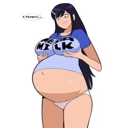  1girl :d animated black_hair blue_shirt breast_lift breasts closed_mouth cowboy_shot english_text grey_eyes hinnyuu_kyonyuu_history large_breasts long_hair looping_animation mega_milk meme_attire midriff noodlemage open_mouth outie_navel panties parody pregnant shirt sidelocks smile solo speech_bubble standing t-shirt underwear very_long_hair video 