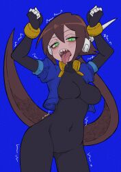  1girl absurdres aile_(mega_man_zx) arms_up black_bodysuit blue_jacket blush bodysuit bodysuit_under_clothes breasts breath brown_hair buzzlyears clenched_hands commentary covered_erect_nipples covered_navel cowboy_shot cropped_jacket english_commentary faux_traditional_media green_eyes highres jacket long_hair looking_at_viewer medium_breasts mega_man_(series) mega_man_zx mega_man_zx_advent motion_lines open_clothes open_jacket ponytail saliva sharp_teeth solo teeth tongue tongue_out yawning 