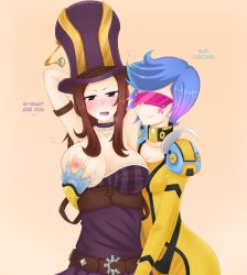  2girls alternate_costume armpits arms_up bad_id bad_pixiv_id bare_shoulders blue_hair blush bodysuit grabbing_another&#039;s_breast breast_slip breasts brown_hair caitlyn_(league_of_legends) deep_skin dress evil_grin evil_smile fingerless_gloves forscience glasses gloves goggles grabbing gradient_hair grin groping hat highres large_breasts league_of_legends long_hair multicolored_hair multiple_girls neon_strike_vi nipples one_breast_out purple_mii reach-around short_hair smile vi_(league_of_legends) yuri  rating:Explicit score:86 user:purpleheart