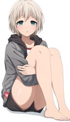  1girl :o absurdres aoba_moca aqua_eyes bang_dream! bare_legs barefoot black_shorts collarbone commentary_request foot_out_of_frame grey_hair grey_jacket hands_up highres hood hood_down hooded_jacket hugging_own_legs jacket knees_up long_sleeves looking_at_viewer noshimurin open_clothes open_jacket parted_lips pocket shadow shirt short_hair shorts simple_background sitting solo white_background white_shirt  rating:General score:7 user:danbooru