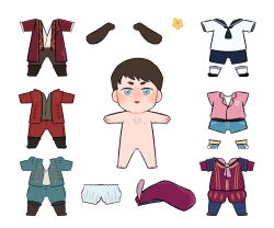  1boy :3 alternate_costume beret bloomers blue_eyes blue_sailor_collar brown_hair chibi completely_nude flower full_body hat highres julian_alfred_pankratz male_focus nude paper_doll pickleforstony sailor_collar sailor_shirt shirt short_hair shorts simple_background smile solo sparse_chest_hair t-pose the_witcher_(netflix) the_witcher_(series) underwear white_background white_bloomers yellow_flower 