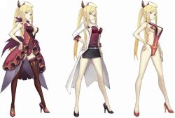  1girl ahoge blonde_hair breasts brown_eyes brown_thighhighs cave_(developer) cleavage costume_chart dodonpachi dodonpachi_saidaioujou expressionless flower full_body glasses hand_on_own_hip high_heels hip_focus lab_coat legs leotard long_hair long_legs medium_breasts miniskirt multiple_persona nagi_ryou official_art pencil_skirt red_flower red_leotard red_rose rose shoes shuri_(saidaioujou) simple_background skirt swimsuit teacher thighhighs thighs twintails underboob white_background  rating:Sensitive score:88 user:danbooru