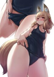  1girl absurdres animal_ear_fluff animal_ears bell blue_one-piece_swimsuit blush breasts brown_hair cameltoe clothes_pull fox_ears fox_girl fox_tail from_below hair_bell hair_ornament highres jingle_bell looking_down multiple_views old_school_swimsuit one-piece_swimsuit one-piece_swimsuit_pull original pulled_by_self red_eyes school_swimsuit short_hair small_breasts swimsuit tail thighs zanzi 