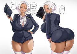  1girl absurdres ahoge ass black_jacket black_skirt breasts cleavage collared_shirt dark-skinned_female dark_skin earrings english_text from_behind gold_choker green_eyes gundam gundam_suisei_no_majo hair_tuft hand_on_own_hip highres holding holding_tablet_pc hoop_earrings huge_breasts jacket jewelry leaning_forward looking_at_viewer multiple_views nail_polish office_lady pantylines parted_bangs parted_lips pencil_skirt puzenketsu secelia_dote shirt short_hair skindentation skirt smile speech_bubble tablet_pc thick_thighs thighhighs thighs white_background white_hair white_nails white_shirt white_thighhighs  rating:Sensitive score:122 user:danbooru