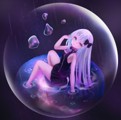  1girl absurdres arm_up ascot barefoot blue_eyes blush bow bowtie breasts charm_(object) hair_bow highres in_bubble in_container in_water knees_up long_hair looking_back may_the_apple original parted_lips partially_submerged pleated_skirt purple_background rain ripples shirt sideboob sitting skirt sleeveless sleeveless_shirt solo star_(symbol) very_long_hair water water_drop white_hair yellow_eyes  rating:Sensitive score:7 user:danbooru