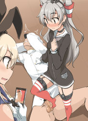  10s 1boy 2girls ^^^ admiral_(kancolle) amatsukaze_(kancolle) ball_busting bdsm blonde_hair blush brown_eyes cbt cellphone censored choker crotch_kick dress femdom footjob garter_straps gloves grey_hair hair_tubes hand_on_own_chest highres kantai_collection long_hair momio multiple_girls no_shoes penis phone recording red_legwear sailor_dress shimakaze_(kancolle) single_glove stepped_on testicles thighhighs two_side_up white_gloves  rating:Explicit score:96 user:danbooru