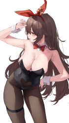  1girl absurdres alternate_costume amber_(genshin_impact) arm_up bare_shoulders black_leotard bow bowtie breasts brown_hair brown_pantyhose cleavage clothing_cutout crotch_zipper detached_collar genshin_impact hair_between_eyes hairband hand_on_own_hip heart_cutout highres large_breasts leaning_forward leotard leviathan_(hikinito0902) long_hair looking_to_the_side open_mouth pantyhose playboy_bunny red_bow red_bowtie red_hairband solo strapless strapless_leotard thigh_strap traditional_bowtie white_wrist_cuffs wrist_cuffs zipper  rating:Sensitive score:34 user:danbooru