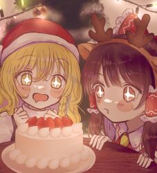 +_+ 2girls antlers ascot blonde_hair blush bow braid brown_hair cake christmas christmas_cake closed_mouth commentary fake_antlers food frilled_bow frilled_hair_tubes frills hair_bow hair_tubes hakurei_reimu hat highres horns kirisame_marisa long_hair multiple_girls open_mouth red_bow reindeer_antlers saliva santa_hat side_braid single_braid string_of_light_bulbs toppoppo1017 touhou turtleneck