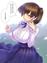  10s 1girl alternate_costume blush breasts brown_hair female_focus gradient_background kaga_(kancolle) kantai_collection large_breasts meme_attire short_hair side_ponytail skirt solo translated virgin_killer_outfit yapo_(croquis_side)  rating:Sensitive score:21 user:danbooru