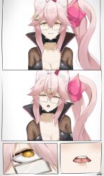  1girl absurdres animal_ears black_bodysuit bodysuit breasts choker cleavage collarbone empty_eyes eroborne fate/grand_order fate_(series) fox_ears fox_girl glasses hair_ribbon heart heart-shaped_pupils highres hypnosis koyanskaya_(fate) large_breasts long_hair mind_control open_mouth pendulum pink_hair pink_ribbon ponytail ribbon saliva symbol-shaped_pupils tamamo_(fate) textless_version tongue yellow_eyes zipper_pull_tab 