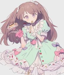  1girl :3 bandaged_arm bandages bow breasts brown_hair cherry cherry_earrings choker closed_mouth cowboy_shot dress dress_bow earrings food food-themed_earrings food_themed_earrings frilled_cuffs fruit fujishima_megumi green_bow green_dress hakuchu_a_la_mode_(love_live!) heart heart_choker heart_o-ring holding holding_spoon holding_tray jewelry leaning_to_the_side light_blush link!_like!_love_live! long_hair looking_at_viewer love_live! medium_breasts multicolored_bow o-ring o-ring_choker pink_bow pink_choker pink_wrist_cuffs plate pudding puffy_short_sleeves puffy_sleeves purple_bow purple_eyes sailor_collar see-through_dress_layer short_sleeves simple_background single_earring solo spoon striped_bow tray two_side_up uo_(wotakana_p) utensil_in_mouth virtual_youtuber whipped_cream white_background white_bow white_sailor_collar wrist_cuffs 