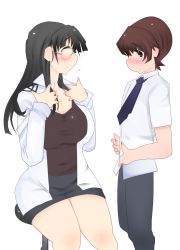  1boy 1girl absurdres age_difference black_hair black_skirt blue_neckwear blush breasts brown_eyes brown_hair child cleavage closed_eyes curvy dress_shirt embarrassed flying_sweatdrops glasses highres lab_coat large_breasts legs_together long_hair matching_hair/eyes miniskirt necktie nose_blush original pencil_skirt ryou_(pixiv25572495) school_nurse school_uniform shirt short_hair short_sleeves simple_background sitting skirt smile standing teacher_and_student white_background white_shirt 