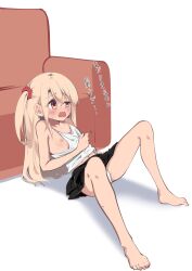  1girl bare_shoulders blush breasts breasts_out collarbone fate/kaleid_liner_prisma_illya fate_(series) full_body hair_between_eyes highres hot illyasviel_von_einzbern loli long_hair navel nipples no_bra nude open_mouth panties pei_iriya red_eyes sitting small_breasts solo solo_focus spread_legs sweat thighhighs underwear white_background white_hair white_panties 