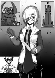  1boy 1girl blood blood_on_face commentary_request demon empty_eyes fate/grand_order fate_(series) fujimaru_ritsuka_(male) glasses gradient_background grail-kun greyscale hair_over_one_eye heart_(organ) hidden_eyes highres hood hoodie idoke_kaeru knife mash_kyrielight monochrome necktie nervous_smile open_mouth pantyhose parted_lips shaking smile tears yandere 