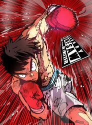  1boy absurdres arm_up artist_name bonesaw_(artist) boxer boxing boxing_gloves boxing_shorts brown_hair closed_mouth gloves hajime_no_ippo hand_up highres imminent_punch looking_at_viewer makunouchi_ippo male_focus muscular muscular_male red_background red_gloves serious short_hair shorts small_pupils solo speed_lines spiked_hair sweat topless_male twitter_username v-shaped_eyebrows white_shorts wide-eyed 