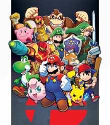  baseball_bat blouse blue_eyes blue_overalls captain_falcon clenched_teeth commentary creatures_(company) donkey_kong donkey_kong_(series) f-zero facial_hair fox_mccloud game_freak gen_1_pokemon green_eyes green_hat green_shirt hat holding holding_sword holding_weapon hylian_shield jigglypuff kirby kirby_(series) link luigi mario mario_(series) matt_herms metroid mother_(game) mother_2 mustache ness_(mother_2) nintendo open_mouth overalls pikachu pokemon pokemon_(creature) samus_aran shield shirt smile star_fox super_smash_bros. sword teeth the_legend_of_zelda varia_suit weapon yoshi  rating:Sensitive score:17 user:danbooru