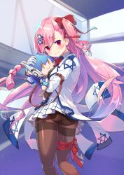  1girl absurdres blush check_commentary commentary_request doll girls&#039;_frontline gloves hair_between_eyes hexagram highres hogi holding long_hair looking_at_viewer negev_(girls&#039;_frontline) panties panties_under_pantyhose pantyhose pink_hair red_eyes red_ribbon ribbon skirt smile solo star_of_david underwear 