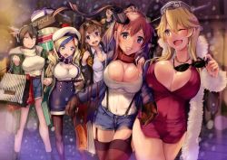 &gt;:) 10s 5girls :d :o ;d absurdres ahoge alternate_costume armadillo-tokage beret black_hair blonde_hair blue_eyes blue_hair blue_shorts blurry brand_name_imitation breast_press breasts brown_gloves brown_hair casual cellphone cleavage cleavage_cutout clothing_cutout commandant_teste_(kancolle) covered_navel denim denim_shorts depth_of_field dress fur_trim garter_straps gloves hair_ornament hat highres huge_breasts impossible_clothes iowa_(kancolle) jacket kantai_collection kongou_(kancolle) large_breasts legs long_hair looking_at_another multicolored_hair multiple_girls nagato_(kancolle) one_eye_closed open_mouth outdoors pantyhose phone pink_dress plaid plaid_scarf purple_eyes red_hair saratoga_(kancolle) scarf shirt shopping short_dress shorts side_ponytail side_slit smartphone smile snowing streaked_hair sunglasses suspenders sweat sweater swept_bangs taut_clothes thigh_gap thighhighs thighs turtleneck turtleneck_sweater v-shaped_eyebrows white_hair white_shirt white_sweater rating:Sensitive score:40 user:danbooru