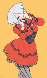 1girl 2024 a.k.i._(street_fighter) absurdres artist_name breasts capcom claw_ring commentary contrapposto corset cowboy_shot dress female_focus fingernails frilled_dress frills gold_trim grin hair_over_one_eye half-closed_eyes hands_on_own_cheeks hands_on_own_face head_tilt highres impossible_hair jewelry juliet_sleeves long_sleeves mole mole_under_mouth pantyhose puffy_sleeves purple_eyes purple_nails red_dress red_lips sharp_fingernails short_hair simple_background small_breasts smile solo standing street_fighter street_fighter_6 tassel tunacan_olive white_hair yellow_background