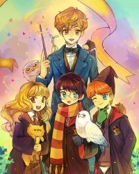  1girl 4boys bird blue_eyes bow bowtie bowtruckle brown_eyes brown_hair cat crest crookshanks demiguise fantastic_beasts_and_where_to_find_them glasses gloves green_eyes green_gloves harry_potter harry_potter_(series) hat hedwig hermione_granger highres mouse multiple_boys necktie newt_scamander niffler one_eye_closed open_mouth orange_hair owl pleated_skirt robe ron_weasley scabbers scarf school_uniform skirt smile striped_clothes striped_neckwear striped_scarf time_paradox waistcoat wand wink wizarding_world  rating:General score:2 user:nrt