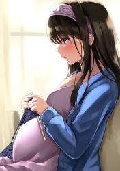  1girl black_hair blue_eyes blue_shirt highres knitting long_hair pregnant sagisawa_fumika sg_(esujii) shirt  rating:Sensitive score:41 user:XDitto