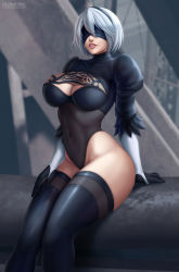 black_blindfold black_hairband black_leotard black_thighhighs blindfold boots breasts cleavage cleavage_cutout clothing_cutout covered_eyes feather-trimmed_sleeves flowerxl grey_background hairband highleg highleg_leotard leotard mole mole_under_mouth nier_(series) nier:automata sitting solo thighhighs thighhighs_under_boots vambraces 2b_(nier:automata) rating:Sensitive score:45 user:danbooru